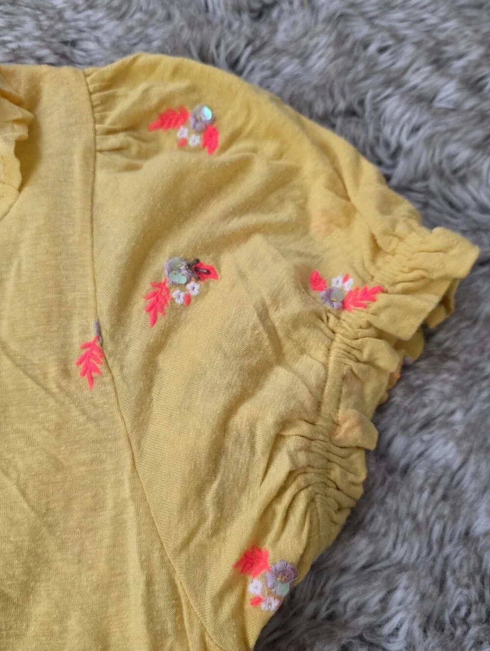 Free People Full Bloom Embroided Yellow Floral Ruffle V-Neck Top Women's Large